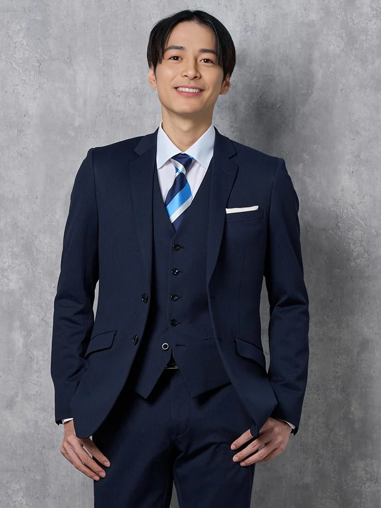 【上下ウォッシャブル】スリーピーススーツ 2つボタン 脚長シルエット ネイビーシャドウストライプ neroスリム 通年【スリムデザイン】